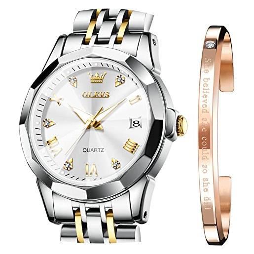 OLEVS orologi per le donne vestito numeri romani diamanti in acciaio inox impermeabile argento design metallo data espandibile bracciale donna orologio da polso, bracciale
