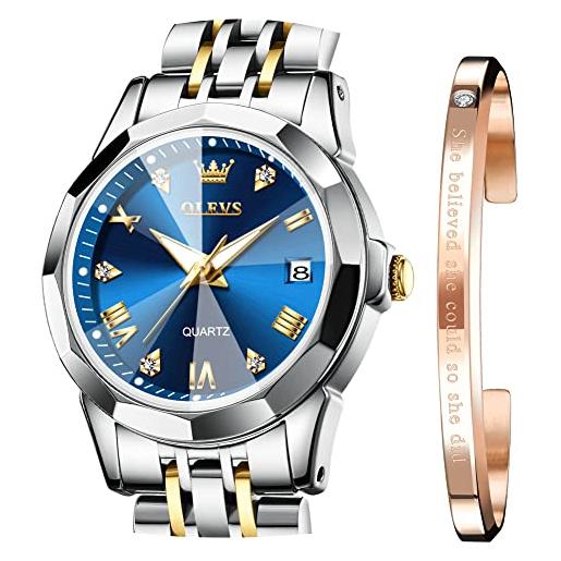 OLEVS orologi da donna vestito numeri romani diamanti acciaio inossidabile impermeabile argento designer metallo data espandibile braccialetto signore orologio da polso, blue face, bracciale