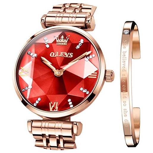OLEVS orologio da donna al quarzo giapponese, oro rosa, cristallo in acciaio inox, alla moda, orologio da polso impermeabile di lusso, orologio con quadrante rosso, bracciale