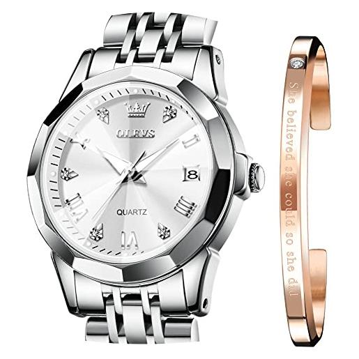 OLEVS orologi da donna vestito numeri romani diamanti acciaio inossidabile impermeabile argento designer metallo data espandibile braccialetto signore orologio da polso, gold strap & white face, 