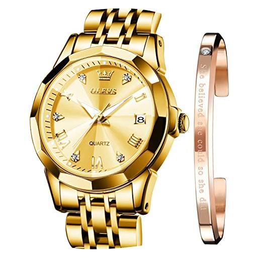OLEVS orologi per le donne vestito numeri romani diamanti acciaio inossidabile impermeabile argento designer metallo data braccialetto espansione orologio da polso donna, tutto in oro. , bracciale