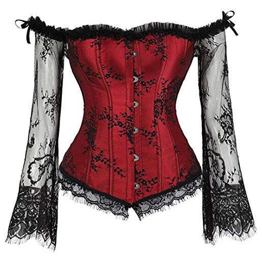 EUDOLAH donna bustino cocktail party corsetto halloween body steampunk vintage abito elegante da sera in pizzo floreale top ballo(c-rosso, xxl)
