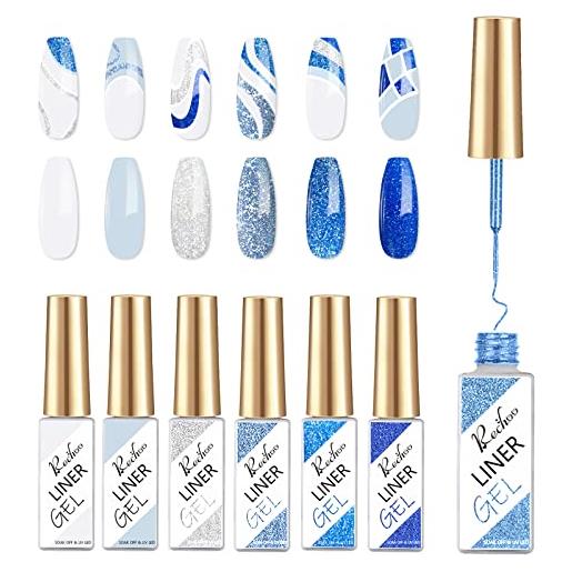 Rechoo 6pcs liner semipermanente unghie set, 8ml blue glitter & matte liner nail gel polish, pink and glitter gel semipermanente unghie per la pittura di linee