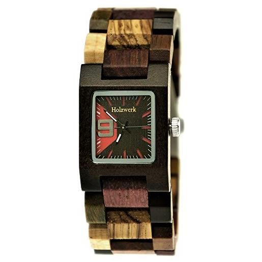 Holzwerk Germany orologio da donna, realizzato a mano, ecologico, in legno, marrone, nero, rosso, verde, analogico, classico, al quarzo, colorato. , bracciale