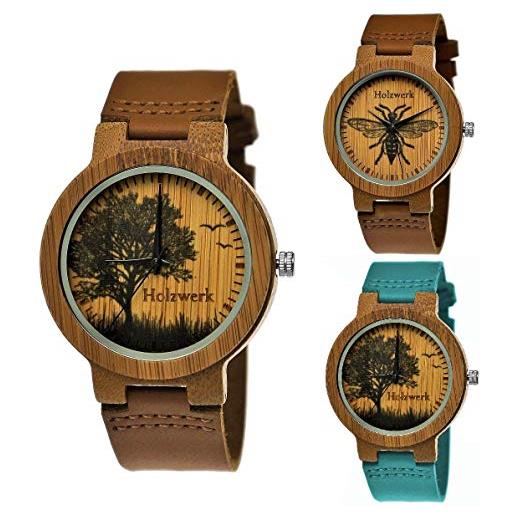 Holzwerk Germany® - orologio da donna realizzato a mano, da uomo, in legno, in pelle, analogico, classico, al quarzo, marrone, albero naturale, motivo limitato, marrone. 