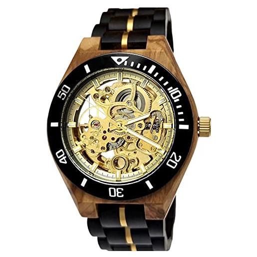 Holzwerk Germany® orologio automatico da uomo in legno naturale ecologico, cinturino in legno marrone nero oro acero analogico