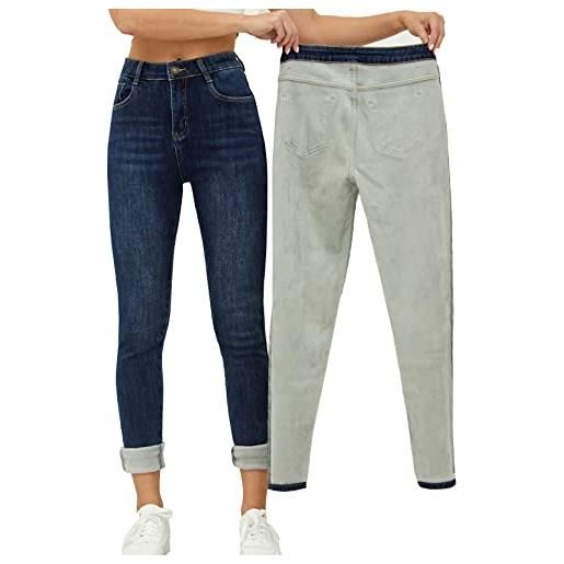 Yehopere jeans da donna invernali foderati in pile slim fit caldo skinny vita alta denim jeans, lavato scuro, large corto