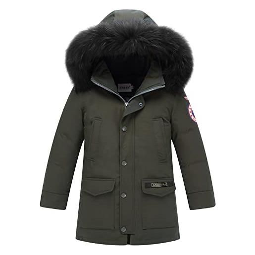 Amur Leopard giacca invernale per bambini, giacca da sci, giacca invernale antivento, con cappuccio rimovibile, calda piumino imbottito, verde, 10-11 anni