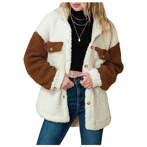 Yeooa cappotto donna 2023 autunno e inverno abbigliamento casual lapel button imbottito giacca oversize moda scontro di colori caldo cappotto invernale (marrone, m)
