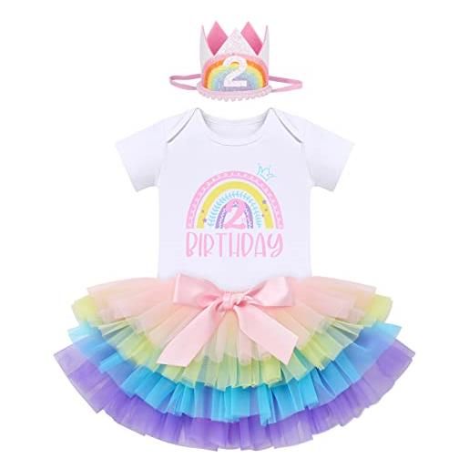 FYMNSI set di abbigliamento da festa a maniche corte per neonata, stile boho arcobaleno 1°/2° compleanno, 3 pezzi, arcobaleno a maniche lunghe - 2°, 2 anni