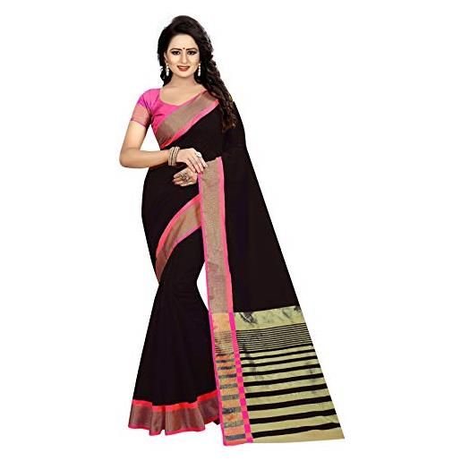BishtHub Fashion bisht. Hub - sari etnico da donna in cotone e seta tradizionale indiano con camicetta senza cuciture, nero, taglia unica