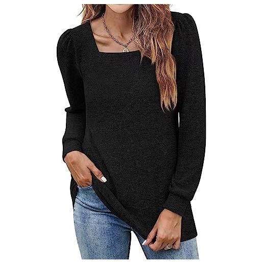 Coloody t-shirt manica lunga da donna tops con scollo quadrato manica a sbuffo tinta unita camicetta allentata casual t-shirt-nero-xl
