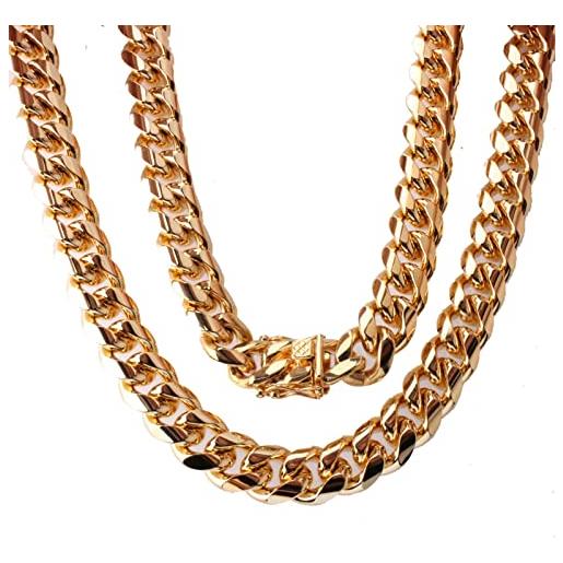 Epinki collana catena 56 cm, catena barbazzale 12mm oro gioielli cubana in acciaio inossidabile per uomo