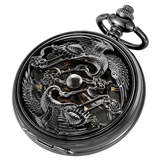 Tiong orologio da tasca meccanico con catena cava incisa vintage nero steampunk scheletro uomo orologio da tasca ciondolo regali e confezione regalo, nero & glod 4, classico