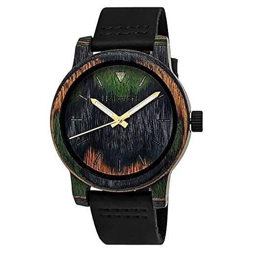 Holzwerk Germany orologio unisex fatto a mano, da uomo, in legno, ecologico, naturale, analogico, classico, al quarzo, marrone, colorato, verde, arancione, nero, marrone. , moderno
