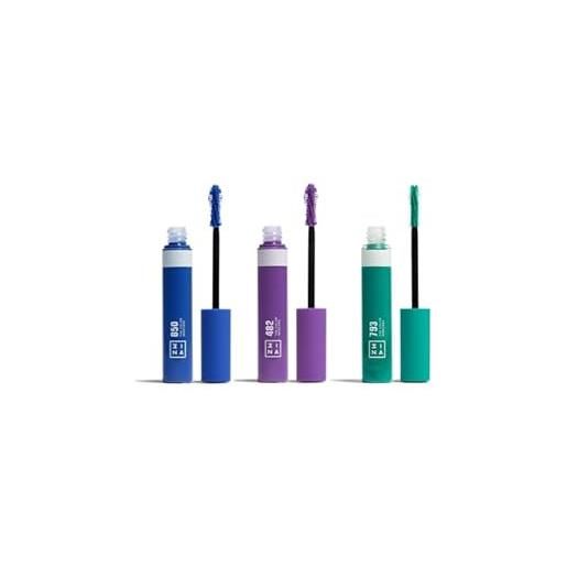 3ina makeup - the color mascara 482 + the color mascara 793 + the color mascara 850 - viola - turchese - blu - mascara colorato con cheratina vegetale - mascara volumizzante - vegan - cruelty free