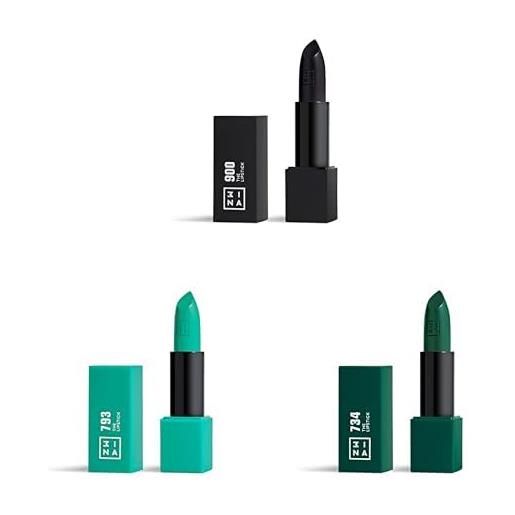 3ina makeup - the lipstick 900 + the lipstick 793 + the lipstick 734 - nero - verde turchese - verde - rossetto matte - alta pigmentazione - rossetti cremosi - vegan - cruelty free