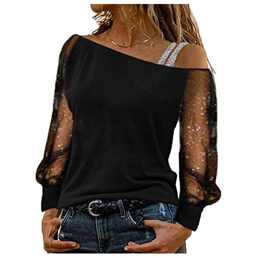 BAIXIAOCHI t-shirt da donna primavera/estate a maniche lunghe con scollo a barchetta e spalle scoperte in tinta unita
