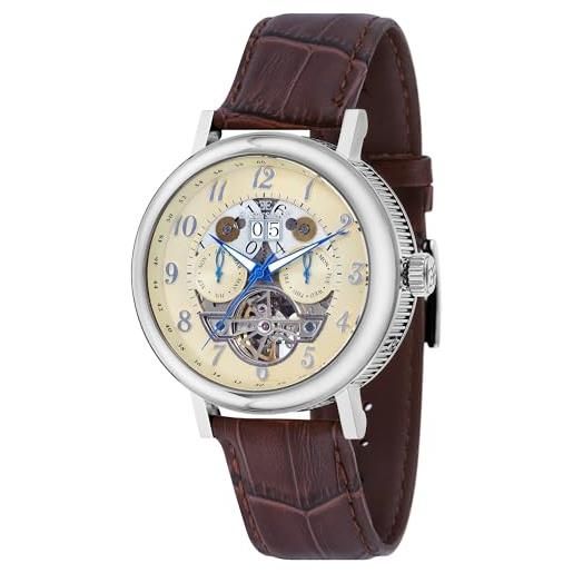 Thomas Earnshaw mens 43mm beaufort open heart calendar automatic cream watch with genuine leather strap es-8083-02