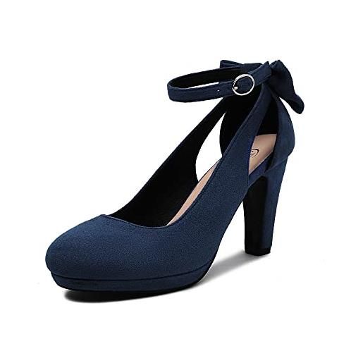 elerhythm donne mary jane tacchi con arco retro chiuso punta rotonda scamosciata cinturino alla caviglia pumps gatsby vintage scarpe (blue eu41)