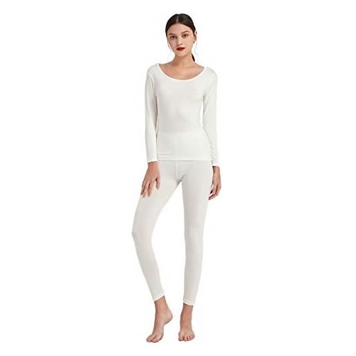 Mcilia - completo intimo termico da donna, modale ultra sottile, con scollo scoop, camicia a maniche lunghe & leggings, bianco avorio x-large (eu 48 50)