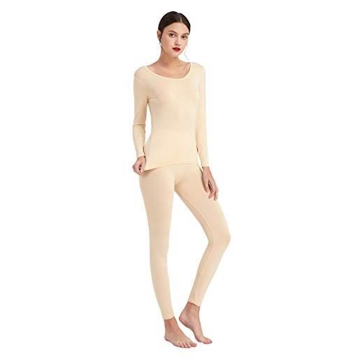 Mcilia - completo intimo termico da donna, modale ultra sottile, con scollo scoop, camicia a maniche lunghe & leggings, beige medium (eu 40 42)