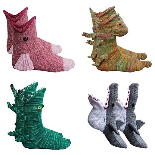 Hehimin knit crocodile socks - whimsical alligator knitting cuff funny winter warm floor socks, christmas unisex gift (4 pairs)