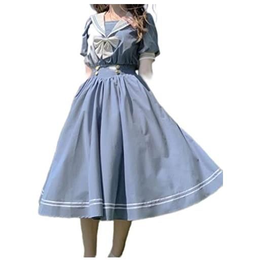 OKGD giapponese soft sister cute lolita dress donne dolce sbuffo manica sottile studente abiti partito retro ragazze bow salior collar vestidos-blu, s