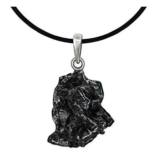 CLEVER SCHMUCK - ciondolo a forma di meteorite composto da vera stella cadente, con passante in argento 925 e certificato, con cinturino in caucciù nero, 45 cm