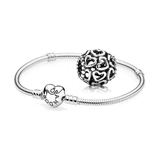Pandora, set regalo originale, 1 braccialetto in argento con cuore e chiusura 590719 e 1 charm in argento "apri il tuo cuore" 790964, argento, cod. 590719-21 + 790964