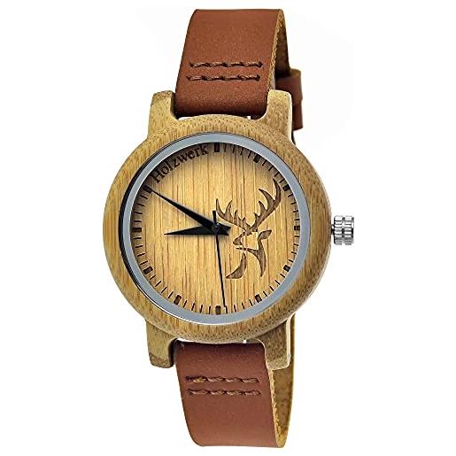 Holzwerk Germany - orologio da donna realizzato a mano, con cervo, ecologico, in legno, analogico, classico, al quarzo, colore marrone con motivo cervo, marrone. 