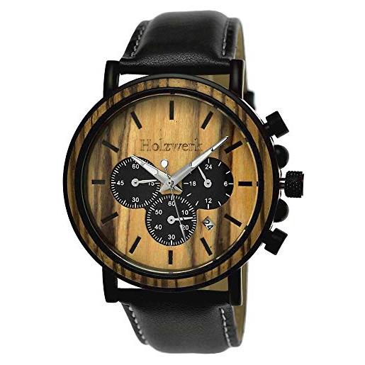 Holzwerk Germany orologio da uomo, realizzato a mano, in legno, ecologico, naturale, cronografo, analogico, al quarzo, marrone, nero, data, quadrante in legno, nero marrone, cinghie
