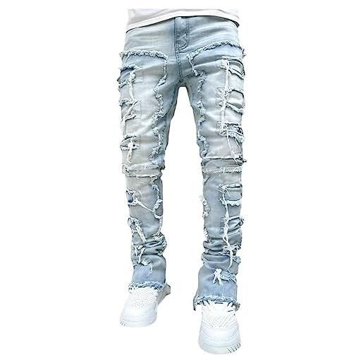 Vioyavo pantaloni di jeans da uomo gamba dritta strappato pantaloni uomo elegante casual pantaloni slim fit strappato skinny blu pantaloni hip hop moda uomo taglie forti (rosa, l)