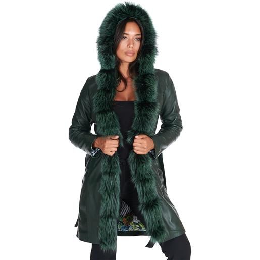 D'Arienzo cappotto in pelle naturale verde con cappuccio bordato pelliccia D'Arienzo