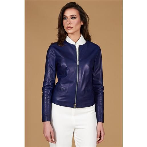 D'Arienzo giacca in pelle naturale bluette girocollo effetto liscio D'Arienzo