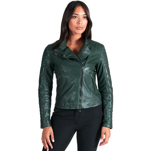 D'Arienzo giacca moto in pelle naturale verde trapuntata effetto liscio D'Arienzo