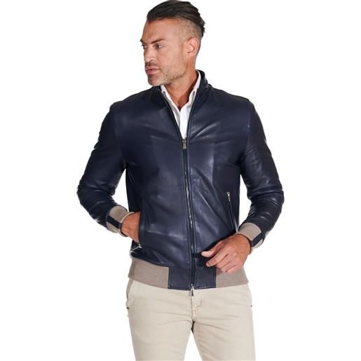 D'Arienzo giubbotto bomber in pelle naturale blu lana a contrasto beige D'Arienzo