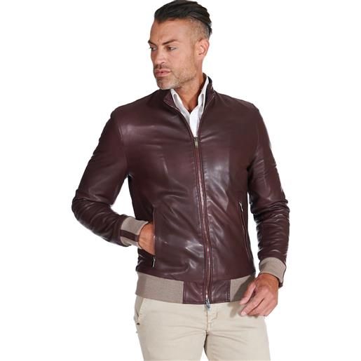 D'Arienzo giubbotto bomber in pelle naturale bordeaux lana a contrasto beige D'Arienzo