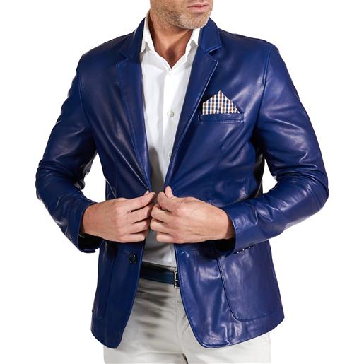 D'Arienzo blazer in pelle naturale bluette con taschino e fazzoletto D'Arienzo