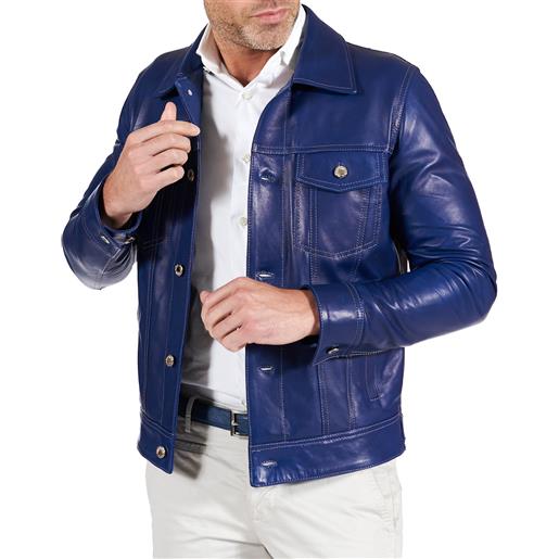 D'Arienzo giacca pelle naturale bluette con bottoni e collo camicia D'Arienzo