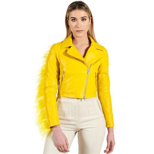 D'Arienzo giacca corta in pelle naturale gialla stile chiodo con piume D'Arienzo