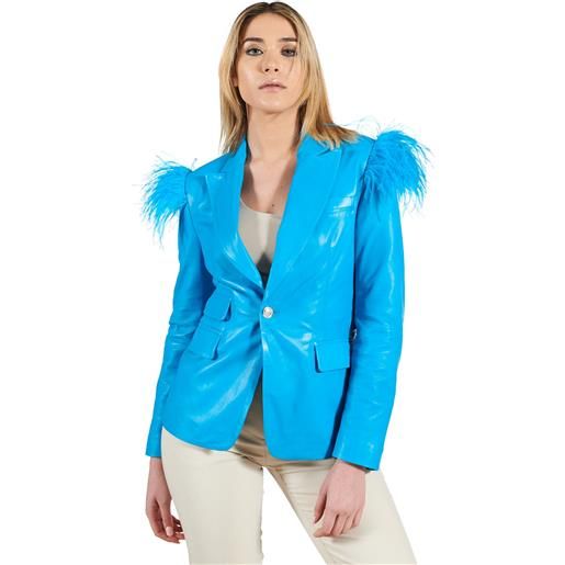D'Arienzo giacca blazer in pelle naturale azzurra con piume D'Arienzo