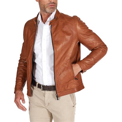 D'Arienzo giacca in pelle colore cuoio effetto vintage collo coreana D'Arienzo