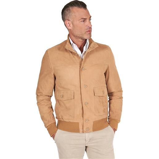 D'Arienzo giacca bomber in pelle camoscio beige con bottoni e tasconi D'Arienzo