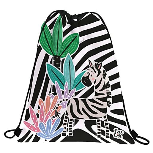 Grafoplás zaino sacco corde, tasca esterna, 36 x 47 cm, collezione zebra, free life, multicolore, 36x47cm, scuola