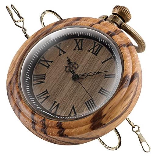 Tiong orologio da tasca vintage in legno al quarzo, fatto a mano, in legno di bambù, con catena, da uomo, con scatola regalo, marrone chiaro, classico