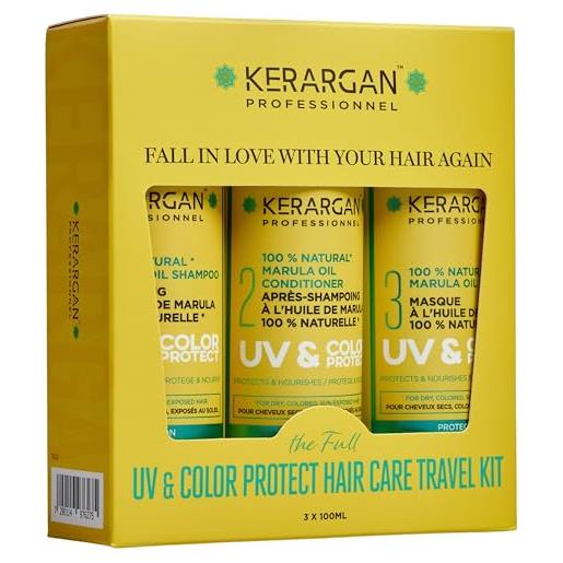 Kerargan - kit da viaggio protettivo uv & colore all'olio di marula per capelli secchi e colorati - shampoo, balsamo, maschera - senza solfati, ogm, olio minerale - 3x100ml