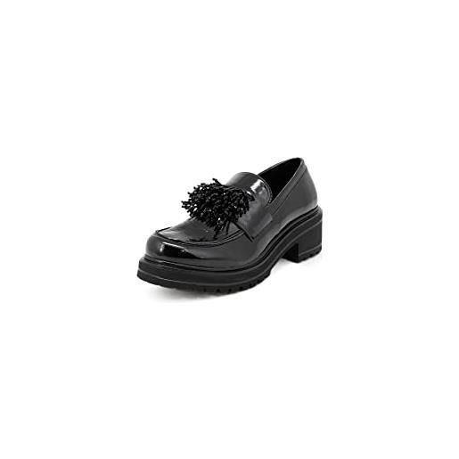QUEEN HELENA mocassini loafer casual eleganti francesine senza lacci con tacco plateau scarpe basse invernali donna x27-108 (x27-108 nero, numeric_39)