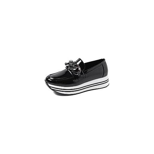 QUEEN HELENA francesine mocassini con zeppa casual alti senza lacci plateau comodi loafer platform donna x27-100 (nero pat, numeric_38)
