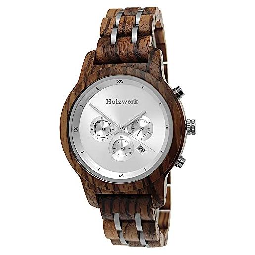Holzwerk Germany orologio da donna realizzato a mano, in legno ecologico, con cronografo, analogico, al quarzo, nero, marrone, argento, data, quadrante in legno, marrone/argento, bracciale